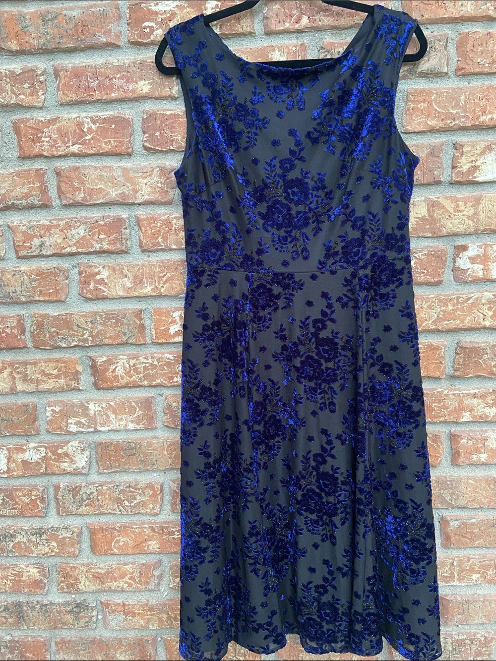 Betsey Johnson Black Dress with Royal Blue Floral Burnout Midi